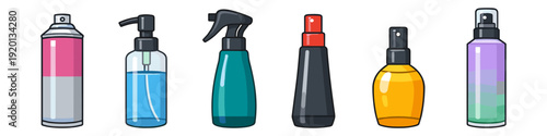 Assorted spray and pump bottles in flat vector style for personal care and product packaging mockups