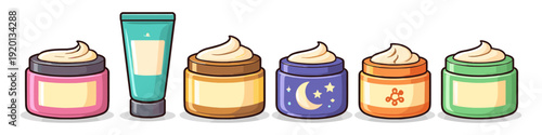 Collection of colorful cosmetic jars and tubes filled with cream, perfect for beauty products