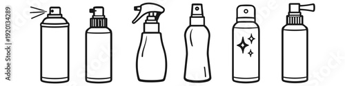 Collection of various spray bottles and aerosol cans in a simple line art style