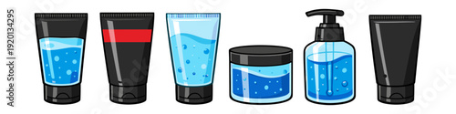 Assorted blue gel skincare tubes, jars, and pump bottles vector set on white background