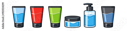 Collection of colorful cosmetic tubes and bottles with blue gel inside
