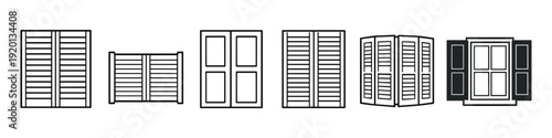Collection of window shutter and window designs in a clean line art style