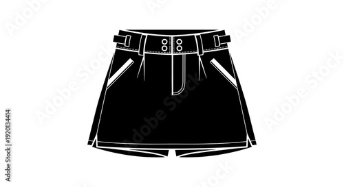 A black and white line drawing of a high waisted skirt with belt loops and pockets