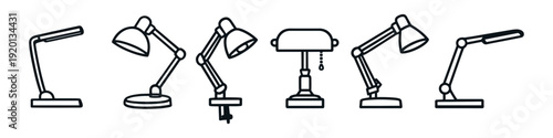 Collection of diverse desk lamp icons in a clean, modern line art style
