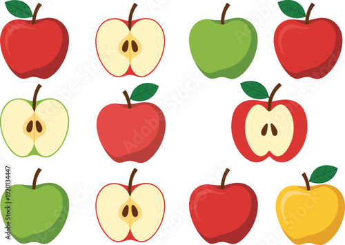 Collection of colorful apple illustrations in red, green, and yellow, whole and halved, ideal for food design, education, and healthy lifestyle concepts