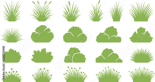 Green Grass and Bush Vector Set with Garden Shrubs, Lawn Tufts, and Natural Plant Silhouettes for Landscape and Outdoor Design