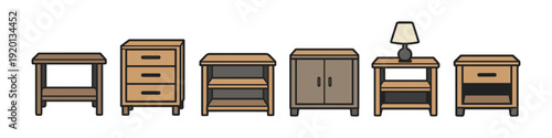 Collection of wooden nightstands and cabinets with drawers and shelves