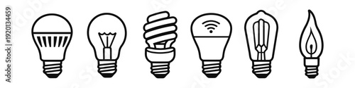 Collection of diverse light bulb icons representing different lighting technologies and styles