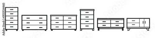 Collection of various chest of drawers and dressers in a clean line art style