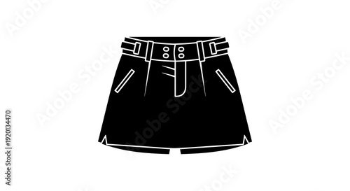 A minimalist black and white illustration of a pair of high waisted shorts with a belt high quality professional