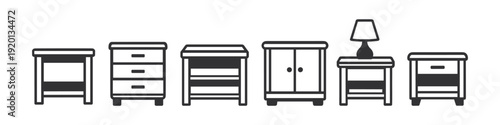 Collection of various bedside table and cabinet icons in a simple line art style