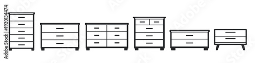 Collection of various chest of drawers and dressers in a simple line art style