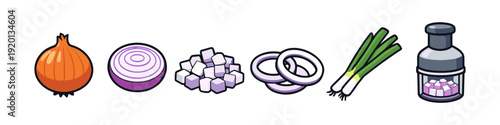 Various forms of onions shown from whole to chopped, illustrating preparation stages