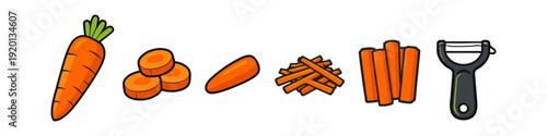 Carrot preparation stages shown from whole to peeled and cut vegetables