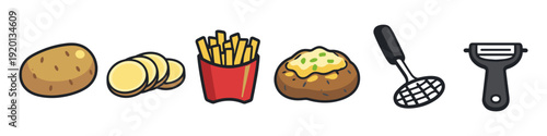 Collection of potato dishes and preparation tools, illustrated in a simple cartoon style