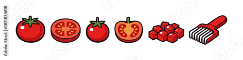 Collection of cartoon tomatoes, sliced, diced, and cut with a slicer