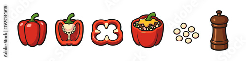 Red bell pepper preparation stages with seeds and pepper mill illustration