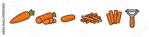 Collection of cartoon carrots in various stages of preparation and a peeler