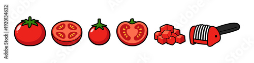 Collection of cartoon tomatoes showing whole, sliced, diced, and cut forms