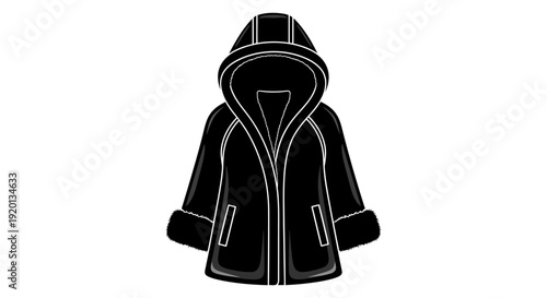 A black and white line drawing depicts a hooded winter coat with fluffy trim high quality