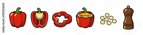 Red bell pepper preparation stages and ingredients for cooking