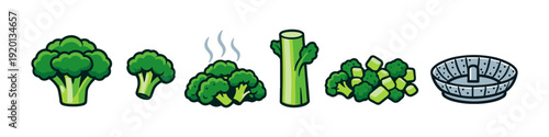 Collection of broccoli illustrations showing different stages of preparation and cooking