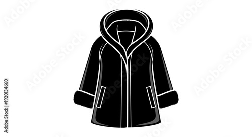 A black and white illustration of a hooded winter coat with fluffy trim details high quality