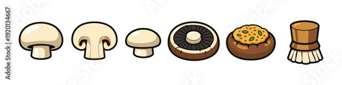 Collection of cartoon mushrooms and a brush for cleaning them