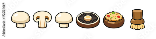 Collection of cartoon mushrooms and a brush, showing different stages of preparation