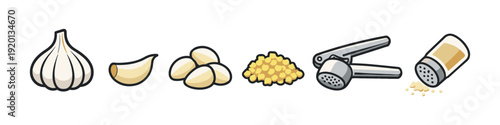 Garlic preparation and processing tools including whole bulb, cloves, minced, press, and shaker