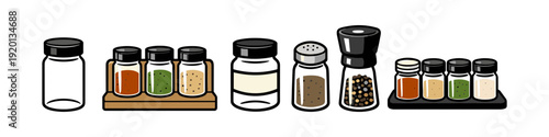 Collection of various spice jars and shakers, including peppercorns and herbs
