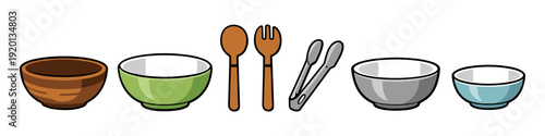 Collection of cartoon bowls, spoons, fork, and tongs on a white background