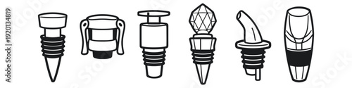 Collection of various wine stoppers and pourers for bottles and beverages