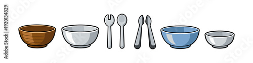 Collection of cartoon bowls and serving utensils on a white background