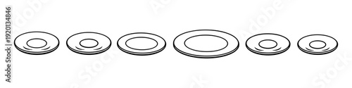 Collection of six different sized plates arranged in a line, simple line art illustration