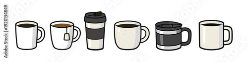 Collection of diverse coffee and tea mugs in a simple, clean illustration style