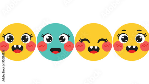 Set of four colorful round smiley face characters with different happy expressions, rosy cheeks, and large expressive eyes.