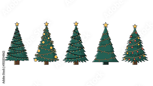 Row of five different decorated Christmas trees with various lights, ornaments, and gold star toppers on a white background.