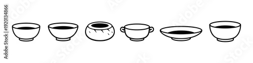 Collection of diverse bowls and cups with liquid, simple line art illustration