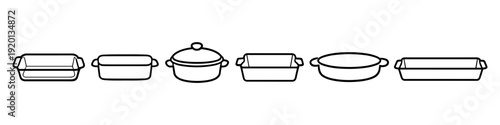 Collection of various baking dishes and casserole pans in a simple line art style
