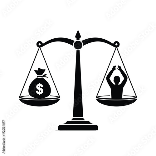 Scales of justice depict wealth versus human value in a stark contrast