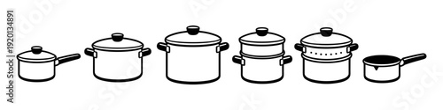 Collection of various cooking pots and steamers in a simple line art style
