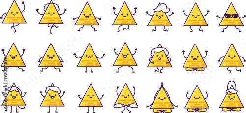 Cute Nacho Chip Character Vector Set with Funny Cartoon Triangle Snack Mascots in Various Poses for Food Branding and Kids Design