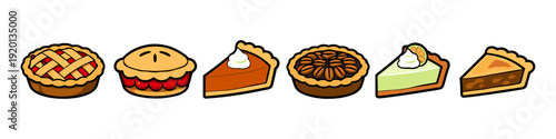 Collection of delicious cartoon pies and pie slices on a white background
