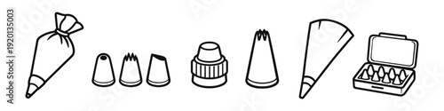 Set of baking tools for decorating cakes and pastries with icing and frosting