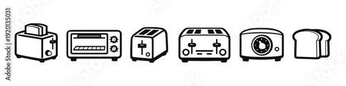 Collection of diverse toaster icons and slices of bread, representing breakfast and kitchen appliances
