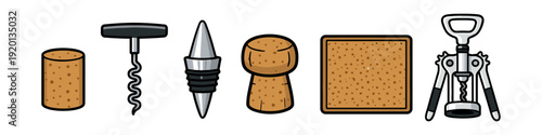 Collection of wine accessories including corks, stoppers, and corkscrews