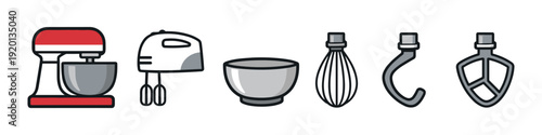 Collection of kitchen mixer icons and accessories for baking and cooking preparation