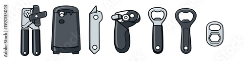 Collection of various can openers and bottle openers on a white background
