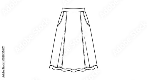 A simple line drawing of a flared skirt with pockets and a scalloped hem high quality